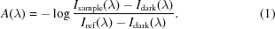 [A(\lambda) = -\log{{I_{\rm sample}(\lambda)- I_{\rm dark}(\lambda)}\over{I_{\rm ref}(\lambda) - I_{\rm dark}(\lambda)}} .\eqno(1)]