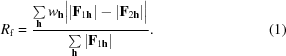 [R_{\rm f} = {{\textstyle \sum \limits_{\bf h}w_{\bf h}\big||{\bf F}_{1{\bf h}}|-|{\bf F}_{2{\bf h}}|\big|} \over {\textstyle \sum \limits_{\bf h}|{\bf F}_{1{\bf h}}|}}. \eqno (1)]