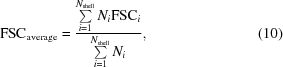 [{\rm FSC}_{\rm average} = {{\textstyle \sum \limits_{i = 1}^{N_{\rm shell}}N_{i}{\rm FSC}_{i}} \over {\textstyle \sum \limits_{i = 1}^{N_{\rm shell}}N_{i}}}, \eqno (10)]