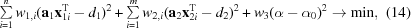 [\textstyle \sum \limits_{i = 1}^{n}w_{1,i}({\bf a}_{1}{\bf x}_{1i}^{\rm T}-d_{1})^{2}+\textstyle \sum \limits_{i = 1}^{m}w_{2,i}({\bf a}_{2}{\bf x}_{2i}^{\rm T}-d_{2})^{2}+w_{3}(\alpha-\alpha_{0})^{2}\rightarrow\min, \eqno(14)]