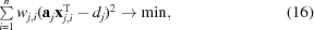 [\textstyle \sum \limits_{i=1}^{n}w_{j,i}({\bf a}_{j}{\bf x}_{j,i}^{\rm T}-d_{j})^{2}\rightarrow\min, \eqno (16)]