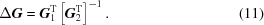 [\Delta{\bi G} = {\bi G}_1^{\rm T}\left[{\bi G}_2^{\rm T}\right]^{-1}. \eqno(11)]