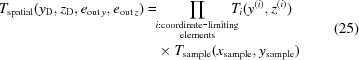 [\eqalign{T_{\rm spatial}(y_{\rm D},z_{\rm D},e_{{\rm out}\,y},e_{{\rm out}\,z}) = &\!\! \prod\limits_{\scriptstyle{i:{\rm coordinate\hbox{-}limiting}}\atop{\scriptstyle\rm elements}} \!\!\!\!\!T_i(y^{(i)},z^{(i)})\cr &\times T_{\rm sample}(x_{\rm sample},y_{\rm sample})} \eqno(25)]
