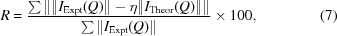[R = {{\sum \left\| \| {I}_{\rm Expt}(Q)\|-\eta \|{I}_{\rm Theor}(Q)\| \right\| }\over{\sum\| {I}_{\rm Expt}(Q)\|}} \times 100,\eqno(7)]