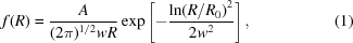 [f(R) = {{A}\over{(2\pi)^{1/2 } w R}} \exp\left[-{{{\ln(R/{R}_{0})}^{2}}\over{2 {w}^{2}}}\right], \eqno (1)]