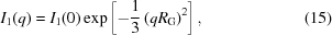 [I_1 (q) = I_1 (0) \exp \left [ - {1 \over 3} \left ( q R_{\rm G} \right )^2 \right ] , \eqno(15)]