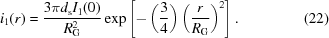 [i_1(r) = {{3\pi d_{\rm s} I_1(0)} \over {R_{\rm G}^2}} \exp \left [ - \left ( {3 \over 4} \right ) \left ( {r \over {R_{\rm G}}} \right )^2 \right ] . \eqno(22)]