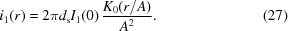 [i_1 (r) = 2 \pi d_{\rm s} I_1 (0) \,{{K_0 (r/A)} \over {A^2}} . \eqno(27)]