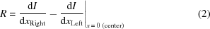 [R = {{ {\rm{d}}I }\over{ {\rm{d}}x_{\rm{Right}} }} - {{ {\rm{d}}I }\over{ {\rm{d}}x_{\rm{Left}} }} \Bigg|_{x\,=\,0\,\,{\rm{(center)}}} \eqno(2)]
