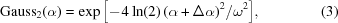 [{\rm{Gauss}}_2(\alpha)=\exp\big[\!-\!4\ln(2)\,(\alpha+\Delta\alpha)^2/\omega^2\big],\eqno(3)]