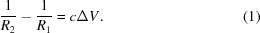 [{1 \over {R_2}} - {1 \over {R_1}} = c \Delta V . \eqno(1)]