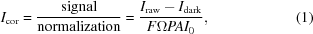[I_{\rm cor} = {{\rm signal} \over {\rm normalization}} = {{I_{\rm raw}-I_{\rm dark}} \over {F \Omega PAI_0}}, \eqno (1)]
