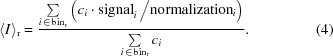 [\langle I \rangle_{\rm r} = {{ \sum\limits _{{i\, \in \, {\rm bin}_{\rm r}}} \left({{ c_i\cdot {\rm signal}_i }\,\big/{ {\rm normalization}_i }}\right) }\over{ \sum\limits _{{i\, \in \,{\rm bin}_{\rm r}}}c_i }}. \eqno (4)]