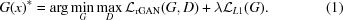 [G(x)^{*} = {\rm arg}\min\limits _{G} \max\limits _{D} {\cal L}_{\rm rGAN} (G, D) + \lambda {\cal L}_{L1} (G) . \eqno(1)]