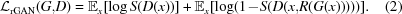 [{\cal L}_{\rm rGAN} (G,\!D) = {\bb E}_{x} [ \log S (D(x)) ] + {\bb E}_{x} [\log (1 \!-\! S (D(x,\!R(G(x)))))] . \eqno(2)]