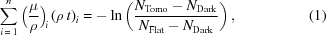 [\sum\limits_{{i\,=\,1}}^{n} \Big({{\mu}\over{\rho}}\Big)_{\!i}\,(\rho\,t)_{i} = -\ln\left({{N_{{\rm{Tomo}}}-N_{{\rm{Dark}}}} \over {N_{{\rm{Flat}}}-N_{{\rm{Dark}}}}}\right), \eqno(1)]