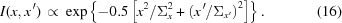 [I(x,x^{\,\prime}) \,\propto\, \exp\left\{-0.5\left[x^2/\Sigma_x^2 + \left(x^{\,\prime}/\Sigma_{x^{\prime}}\right)^2\right]\right\}. \eqno(16)]