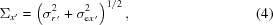[\Sigma_{x^{\prime}} = \left({\sigma_{r^{\,\prime}}^2 + \sigma_{{\rm{e}}x^{\,\prime}}^2} \right)^{1/2}, \eqno(4)]