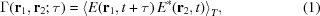 [\Gamma ({{\bf{r}}_{{1}}},{{\bf{r}}_{{2}}}\semi \tau) = {\left\langle {E({{\bf{r}}_{{1}}},t + \tau) \, {E^*}({{\bf{r}}_{{2}}},t)} \right\rangle _T}, \eqno(1)]