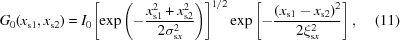 [{G_0}({x_{{\rm{s}}1}},{x_{{\rm{s}}2}}) = {I_0}{\left [{\exp \left({ - {{x_{{\rm{s}}1}^2 + x_{{\rm{s}}2}^2} \over {2\sigma_{{\rm{s}}x}^2}}} \right)} \right]^{1/2}}\exp \left [{ - {{{{\left({{x_{{\rm{s}}1}} - {x_{{\rm{s}}2}}} \right)}^2}} \over {2\xi_{{\rm{s}}x}^2}}} \right], \eqno(11)]
