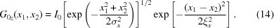 [{G_{0z}}({x_1},{x_2}) = {I_0}{\left [{\exp \left({ - {{x_1^2 + x_2^2} \over {2\sigma _x^2}}} \right)} \right]^{1/2}} \exp \left [{ - {{{{\left({{x_1} - {x_2}} \right)}^2}} \over {2\xi _x^2}}} \right]. \eqno(14)]