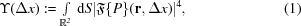 [\specialfonts\Upsilon(\Delta x): = \textstyle\int\limits _{{\bb R}^{2}} \,{\rm d}S|{\frak F}\{ P\}({\bf r},\Delta x)|^{\rm 4}, \eqno (1) ]