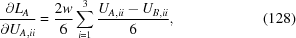 [{{\partial L_A}\over{\partial U_{A,ii}}} = {{2w}\over{6}} \sum_{i = 1}^3 {{U_{A,ii} - U_{B,ii}}\over{6}}, \eqno (128)]