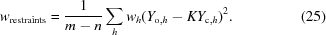 [w_{{\rm restraints}} = {{1}\over{m-n}} \sum\limits_{h}{ w_h (Y_{{\rm o},h} - K Y_{{\rm c},h})^2}. \eqno (25)]