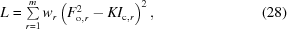 [L = \textstyle\sum\limits_{r = 1}^m w_r \left(F_{{\rm o},r}^2-K I_{{\rm c},r}\right)^2, \eqno (28)]
