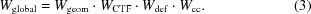 [W_{\rm global} = W_{\rm geom}\cdot W_{\rm CTF}\cdot W_{\rm def} \cdot W_{\rm cc}. \eqno (3)]