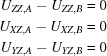 [\eqalign { U_{ZZ,A} - U_{ZZ,B}& = 0 \cr U_{XZ,A} - U_{XZ,B} &= 0 \cr U_{YZ,A} - U_{YZ,B} &= 0\cr}]