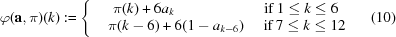 [\varphi({\bf a}, \pi)(k): = \Biggl\{\matrix { &\kern-52pt\pi(k) + 6a_k \,\, &\kern-5pt{\rm if} \, 1\leq k \leq 6 \cr &\pi(k-6) + 6(1-a_{k-6}) \,\, &{\rm if} \, 7 \leq k \leq 12 } \eqno (10)]