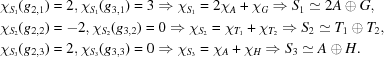 [\eqalignno { \chi_{S_1}(g_{2,1}) &= 2, \chi_{S_1}(g_{3,1}) = 3 \Rightarrow \chi_{S_1} = 2\chi_A + \chi_G \Rightarrow S_1 \simeq 2A \oplus G, \cr \chi_{S_2}(g_{2,2}) &= -2, \chi_{S_2}(g_{3,2}) = 0 \Rightarrow \chi_{S_2} = \chi_{T_1} + \chi_{T_2} \Rightarrow S_2 \simeq T_1 \oplus T_2, \cr \chi_{S_3}(g_{2,3}) &= 2, \chi_{S_3}(g_{3,3}) = 0 \Rightarrow \chi_{S_3} = \chi_A + \chi_H \Rightarrow S_3 \simeq A \oplus H.}]