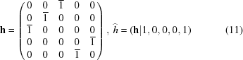 [{\bf h} = \left(\matrix { 0 & 0 & \overline{1} & 0 & 0 \cr 0 &\overline{1} & 0 & 0 & 0 \cr \overline{1} & 0 & 0 & 0 & 0 \cr 0 & 0 & 0 & 0 &\overline{1} \cr 0 & 0 & 0 & \overline{1} & 0}\right), \, \widehat{h} = ({\bf h} | 1,0,0,0,1)\eqno(11)]