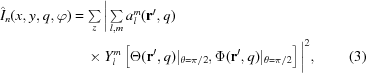[\eqalignno {\hat{I}_{n}(x,y,q,\varphi) &= \textstyle\sum\limits_{z}\bigg|\sum\limits_{l,m} a_{l}^{m} ({\bf r}^\prime, q)&\cr &\quad\times Y_{l}^{m} \left[\Theta({\bf r}^\prime,q)|_{\theta = \pi/2},\Phi({\bf r}^\prime,q)|_{\theta = \pi/2}\right]\bigg|^{2}, & (3)}]