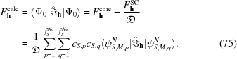 [\specialfonts\eqalignno{F_{\bf h}^{\rm calc}&= \langle \Psi_0|{\hat{\Im}}_{\bf h}|\Psi_0\rangle =F_{\bf h}^{\rm core}+{{F_{\bf h}^{\rm SC}}\over {\frak D}}&\cr &= {1\over {\frak D}} \sum_{p=1}^{f_S^{N_v}}\sum_{q=1}^{f_S^{N_v}} c_{S,p}c_{S,q}\langle \psi^N_{S,M\semi p}|{\hat{\Im}}_{\bf h}| \psi^N_{S,M\semi q}\rangle .&(75)}]