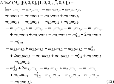 [\eqalignno{ & E^{3}toS^{6} (M_{E^{3}} [[0, 0, 0], [1, 0, 0], [{\overline 1}, 0, 0]]) = \cr & \quad [m_{2,3}m_{3,3}-m_{2,2}m_{3,3}-m_{2,3}m_{3,2}+m_{2,2}m_{3,2}, \cr & \quad m_{1,3}m_{3,3}-m_{1,2}m_{3,3}-m_{1,3}m_{3,2}+m_{1,2}m_{3,2}, \cr & \quad m_{1,3}m_{2,3}-m_{1,2}m_{2,3}-m_{1,3}m_{2,2}+m_{1,2}m_{2,2}, \cr & \quad -m_{1,3}m_{3,3}+m_{1,2}m_{3,3}+m_{1,3}m_{3,2}-m_{1,2}m_{3,2}-m_{1,3}m_{2,3}\cr &\quad\quad +m_{1,2}m_{2,3}+m_{1,3}m_{2,2}-m_{1,2}m_{2,2}-m_{1,3}^2+2m_{1,2}m_{1,3}&\cr&\quad\quad-m_{1,2}^2, \cr & \quad -m_{2,3}m_{3,3}+m_{2,2}m_{3,3}+m_{2,3}m_{3,2}-m_{2,2}m_{3,2}-m_{2,3}^2&\cr &\quad\quad+2m_{2,2}m_{2,3}-m_{1,3}m_{2,3}+m_{1,2}m_{2,3} -m_{2,2}^2+m_{1,3}m_{2,2}&\cr&\quad\quad-m_{1,2}m_{2,2}, \cr & \quad -m_{3,3}^2+2m_{3,2}m_{3,3}-m_{2,3}m_{3,3}+m_{2,2}m_{3,3}-m_{1,3}m_{3,3}&\cr &\quad\quad+m_{1,2}m_{3,3} -m_{3,2}^2+m_{2,3}m_{3,2}-m_{2,2}m_{3,2}+m_{1,3}m_{3,2}&\cr &\quad\quad-m_{1,2}m_{3,2}]. &(12)}]