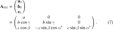 [\eqalignno{{{\bf A}}_{001} &= \left(\matrix{{{\bf a}}_{0}\cr {{\bf b}}_{0}\cr {{\bf c}}_{0}}\right)&\cr &= \left(\matrix{a & 0& 0\cr b\cos\gamma & b\sin\gamma & 0\cr c\cos\beta & -c\sin\beta \cos{\alpha }^{*}& c\sin\beta \sin{\alpha }^{*}}\right) . & (7)}]