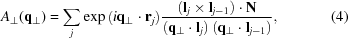 [A_{\perp} ({\bf q}_{\perp}) = \sum_j \exp{\left ( i {\bf q}_{\perp} \cdot {\bf r}_j \right )} {{\left ( {\bf l}_j \times {\bf l}_{j-1} \right ) \cdot {\bf N}} \over {\left ( {\bf q}_{\perp} \cdot {\bf l}_j \right ) \left ( {\bf q}_{\perp} \cdot {\bf l}_{j-1} \right )}} , \eqno(4)]