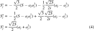 [\eqalignno{ S_{j}^{x} =\, & -{{\sqrt{3}} \over {2}}(S-a_{j}a_{j}^{{\dagger}})-{{1} \over {2}}{{\sqrt{2S}} \over {2i}}(a_{j}-a_{j}^{{\dagger}})\cr S_{j}^{y} =\, & -{{1} \over {2}}(S-a_{j}a_{j}^{{\dagger}})+{{\sqrt{3}} \over {2}}{{\sqrt{2S}} \over {2i}}(a_{j}-a_{j}^{{\dagger}})\cr S_{j}^{z} =\, & {{\sqrt{2S}} \over {2}}(a_{j}+a_{j}^{{\dagger}}) &(4)}]