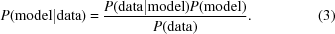 [P({\rm model|data}) = {{P({\rm data|model})P({\rm model})}\over {P({\rm data})}}. \eqno (3) ]