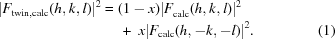 [\eqalignno {|F_{\rm twin,calc} (h,k,l)|^2 &= (1 - x)|F_{\rm calc}^{} (h,k,l)|^2 \cr &\ \quad +\ x|F_{\rm calc} (h, - k, - l)|^2. & (1)}]