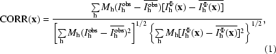 [{\rm CORR}({\bf x}) = {{\textstyle \sum\limits_{\bf h} M_{\bf h} (I_{\bf h}^{\rm obs} - \overline {I_{\bf h}^{\rm obs}})[I_{\bf h}^{\Phi} ({\bf x}) - \overline {I_{\bf h}^{\Phi}({\bf x})]}} \over {\left[\sum\limits_{\bf h} M_{\bf h}(I_{\bf h}^{\rm obs} - \overline {I_{\bf h}^{\rm obs} })^2 \right]^{1/2} \left\{\sum\limits_{\bf h} M_{\bf h} [I_{\bf h}^{\Phi}({\bf x}) - \overline {I_{\bf h}^{\Phi}({\bf x})}]^2 \right\}^{1/2} }}, \eqno (1)]