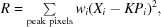 [R = \textstyle \sum \limits_{\rm peak\,\,pixels} w_{i}(X_{i} - KP_{i})^{2},]