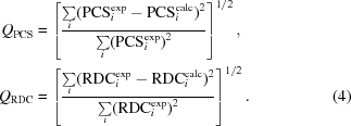 [\eqalignno {Q_{\rm PCS} & = \left [{{\textstyle\sum\limits_i ({\rm PCS}_i^{\rm exp} - {\rm PCS}_i^{\rm calc})^2} \over {\textstyle\sum\limits_i ({\rm PCS}_i^{\rm exp})^2}}\right]^{1/2}, \cr Q_{\rm RDC} &= \left [{{\textstyle\sum\limits_i ({\rm RDC}_i^{\rm exp} - {\rm RDC}_i^{\rm calc})^2} \over {\textstyle\sum\limits_i ({\rm RDC}_i^{\rm exp})^2}}\right]^{1/2}. &(4)}]