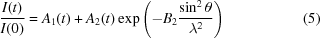 [{{I(t)}\over{I(0)}} = A_1(t)+A_2(t)\exp\left(-B_{2}{{\sin^{2}\theta}\over{\lambda}^{2}}\right) \eqno(5)]