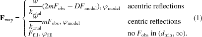 [{{\bf F}}_{\rm map} = \cases { \displaystyle{{w}\over{{k}_{\rm total}}} (2m{F}_{\rm obs}-D{F}_{\rm model}), \varphi_{\rm model} & acentric reflections \cr \displaystyle {{w}\over{{k}_{\rm total}}} m{F}_{\rm obs}, \varphi_{\rm model} & centric reflections \cr {F}_{\rm fill}, \varphi_{\rm fill} & no ${F}_{\rm obs}$ in $(d_{\rm min},\infty)$.}\eqno(1)]