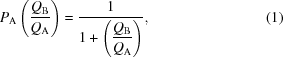 [{P}_{\rm A}\left({{{Q}_{\rm B}}\over{{Q}_{\rm A}}}\right) = {{1}\over{1+ \left(\displaystyle {{{Q}_{\rm B}}\over{{Q}_{\rm A}}}\right)}}, \eqno(1)]