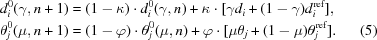 [\eqalignno{d_i^0(\gamma, n + 1) &= (1 - \kappa) \cdot d_i^0(\gamma, n) + \kappa \cdot [\gamma {d_i} + (1 - \gamma)d_i^{\rm ref}], \cr \theta _j^0(\mu, n + 1) &= (1 - \varphi) \cdot \theta _j^0(\mu, n) + \varphi \cdot [\mu {\theta _j} + (1 - \mu)\theta _j^{\rm ref}].&(5)}]
