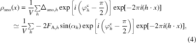 [\eqalignno {\rho_{\rm ano}&(x) = {1 \over V}{\textstyle\sum\limits_h} \Delta_{{\rm ano},h} \exp \left[ i\left(\varphi_h^{\rm c} - {\pi \over 2}\right)\right] \exp[-2\pi i(h \cdot x)] \cr &\simeq {1 \over V}{\textstyle \sum\limits_h} -2F_{{\rm A},h}\sin(\alpha_h)\exp\left[i\left(\varphi_h^{\rm c} - {\pi \over 2} \right)\right] \exp[-2\pi i(h \cdot x)], \cr &&(4)}]